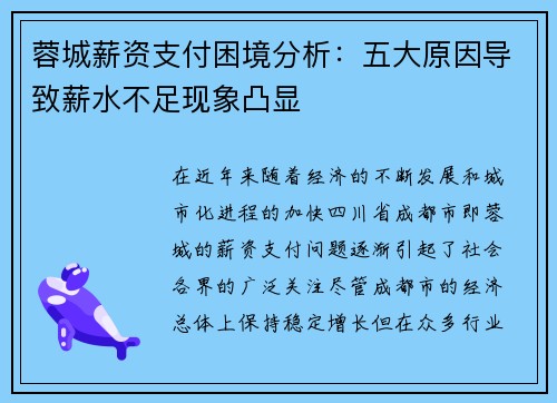 蓉城薪资支付困境分析：五大原因导致薪水不足现象凸显
