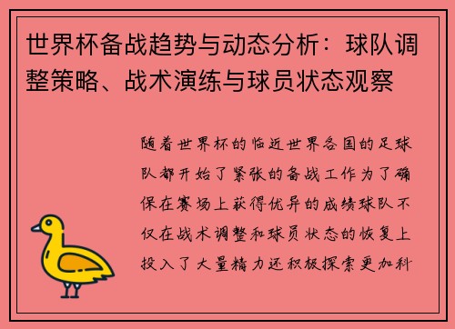 世界杯备战趋势与动态分析:球队调整策略、战术演练与球员状态观察 世界杯备战趋势与动态分析:球队调整策略、战术演练与球员状态观察
